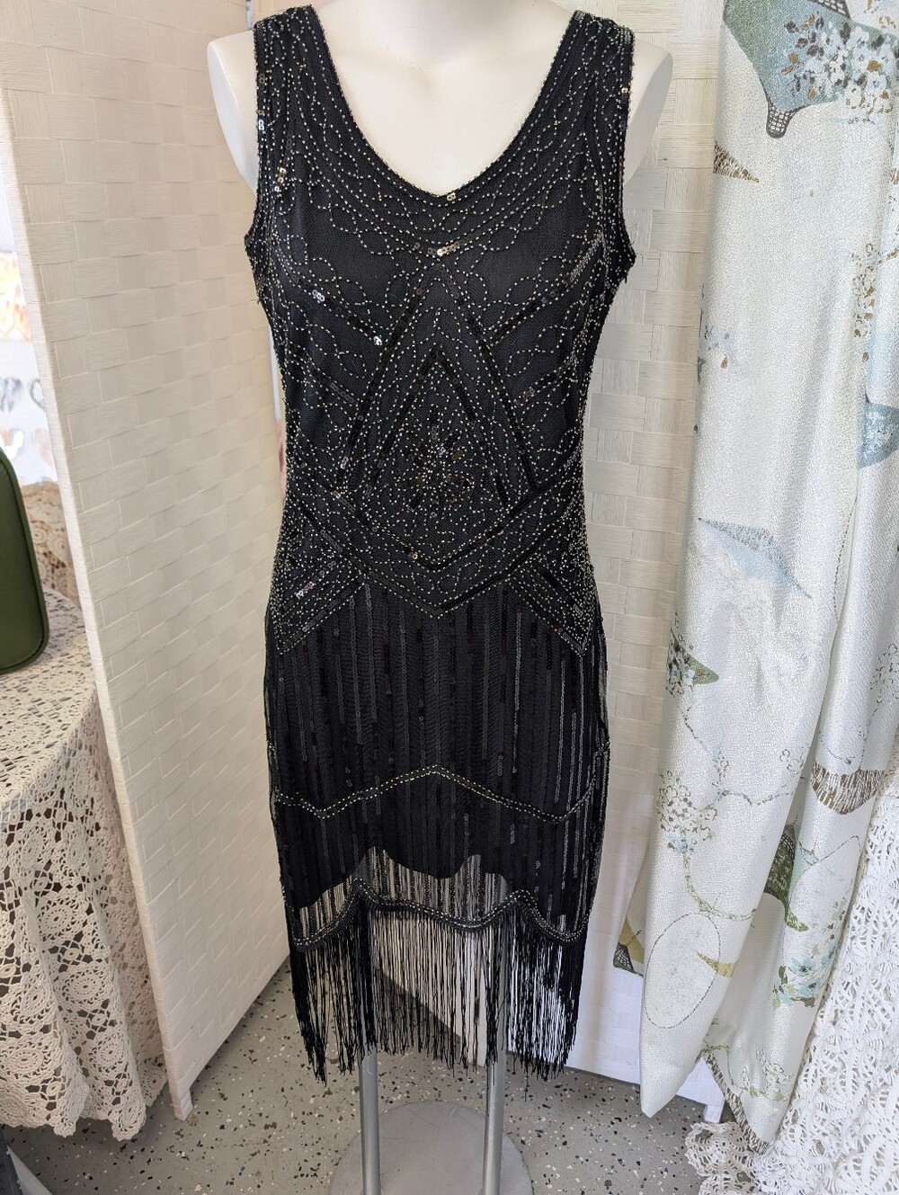 Vintage Flapper Dress  Beaded Fringe Sleeveless Dress